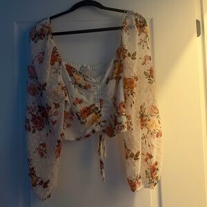 Floral Swiss Dot Long Sleeve Peasant Top - White with Rust Floral
